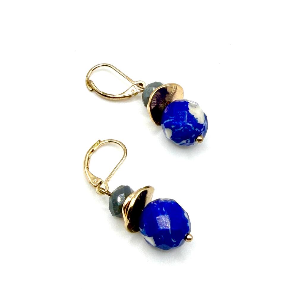 Gold Blue Marbled Stone Stacked Gold Leverback Drop Earrings